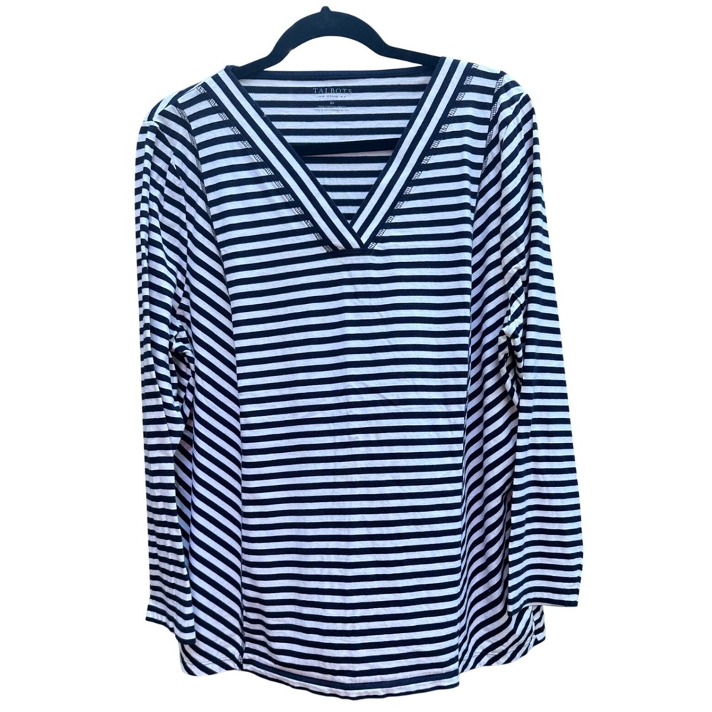 Talbots Woman 3X Navy Blue White Striped V-Neck Long Sleeve Cotton Tee Shirt